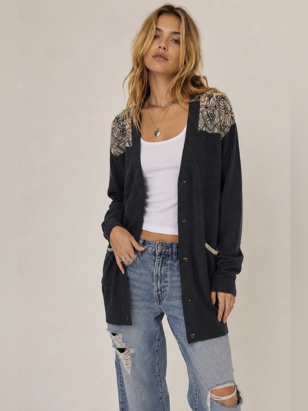 NWT. Free People Black/Charcoal Cardigan with Intricate Pattern